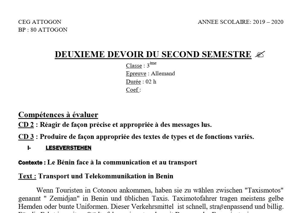 Aperçu de la première page — 3ème Allemand 2ème Devoir 2ème Semestre CEG Attogon 2019 2020