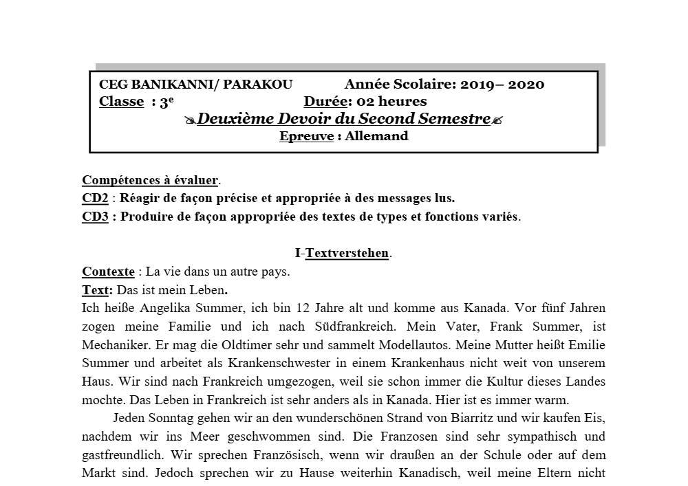 Aperçu de la première page — 3ème Allemand 2ème Devoir 2ème Semestre CEG Banikanni 2019 2020