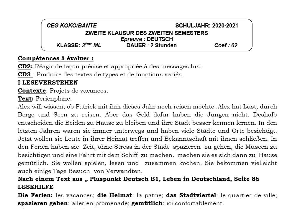 Aperçu de la première page — 3ème Allemand 2ème Devoir 2ème Semestre CEG Koko 2020 2021