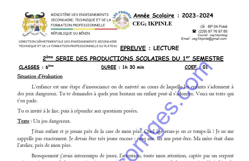 Aperçu de la première page — LECTURE 6EME 2EME DEVOIR DU 1ER SEMESTRE 2023 2024 CEG1 IKPINLE