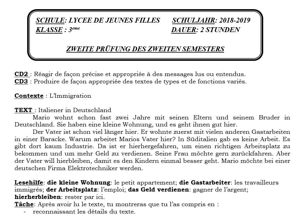 Aperçu de la première page — 3ème Allemand 2ème Devoir 2ème Semestre Lycée des Jeunes Filles 2018 2019