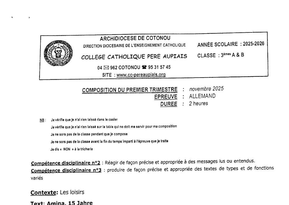 Aperçu de la première page — 3ème Allemand Composition 1er Trimestre Collège Catholique Père Aupiais 2025 2026