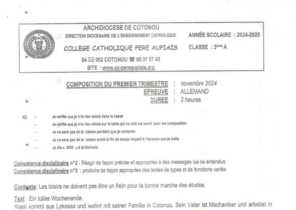 Aperçu de la première page — 3ème Allemand Composition 1er Trimestre Collège Catholique Père Aupiais Novembre 2024