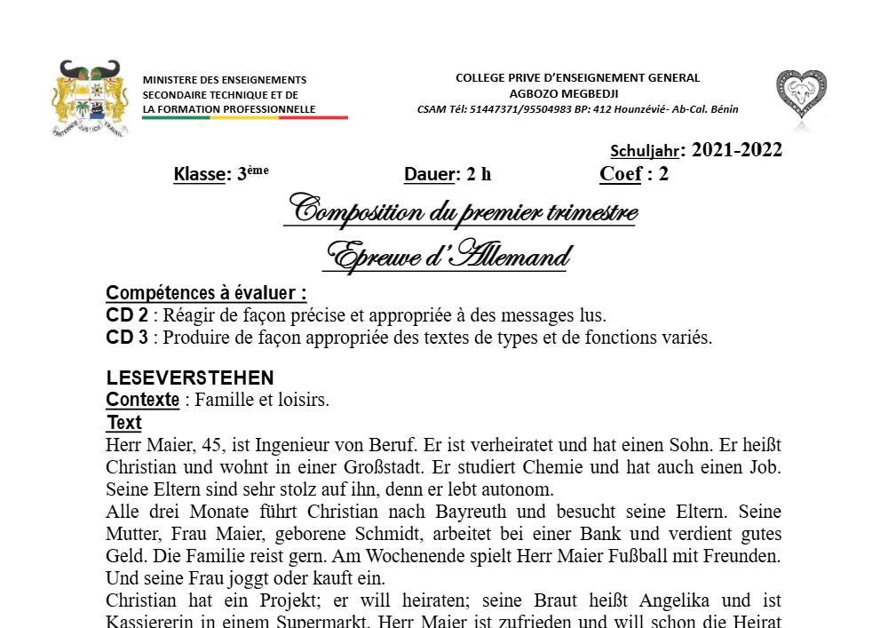 Aperçu de la première page — Allemand 3e — 2e devoir 1er trimestre 2021