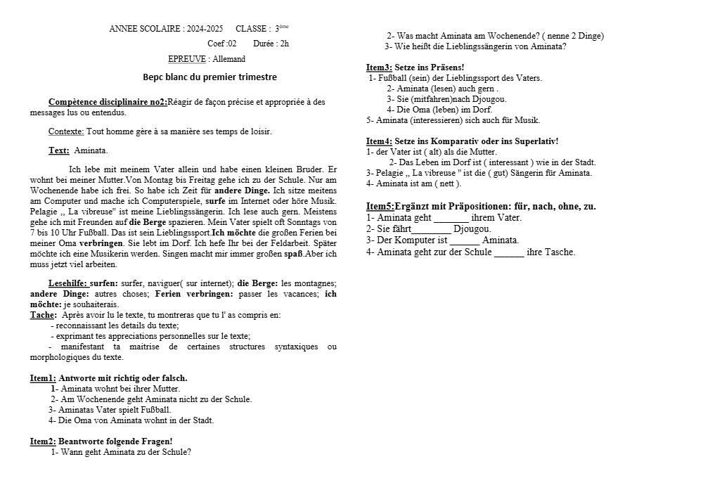 Aperçu de la première page — 3ème Allemand Composition 1er Trimestre de 2024 2025