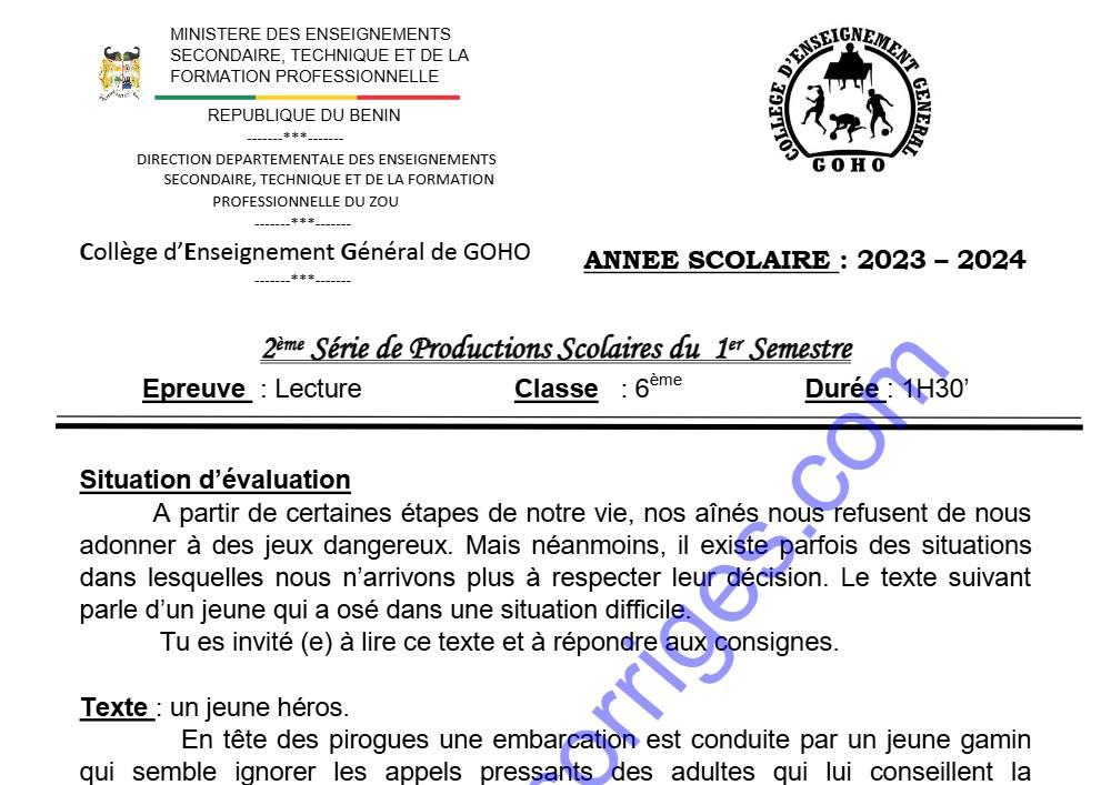 Aperçu de la première page — LECTURE 6EME 2EME DEVOIR DU 1ER SEMESTRE 2023 2024 CEG GOHO ABOMEY