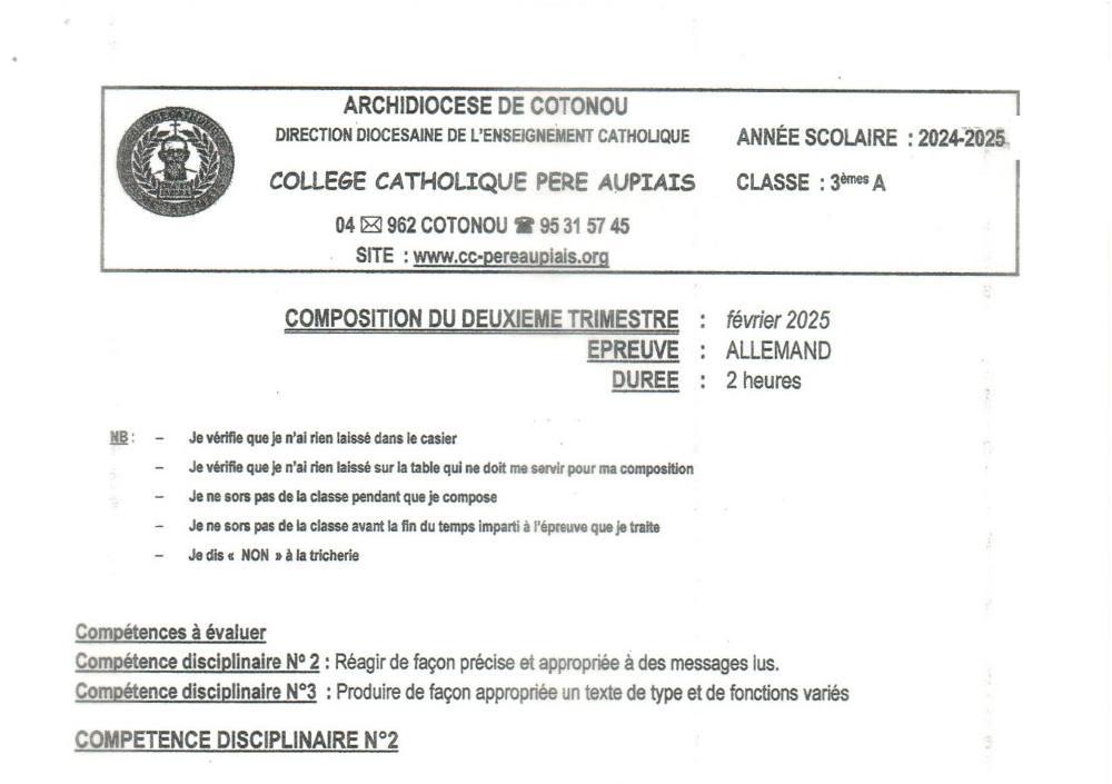 Aperçu de la première page — 3ème Allemand Composition 2ème Trimestre Collège Catholique Père Aupiais Février 2025