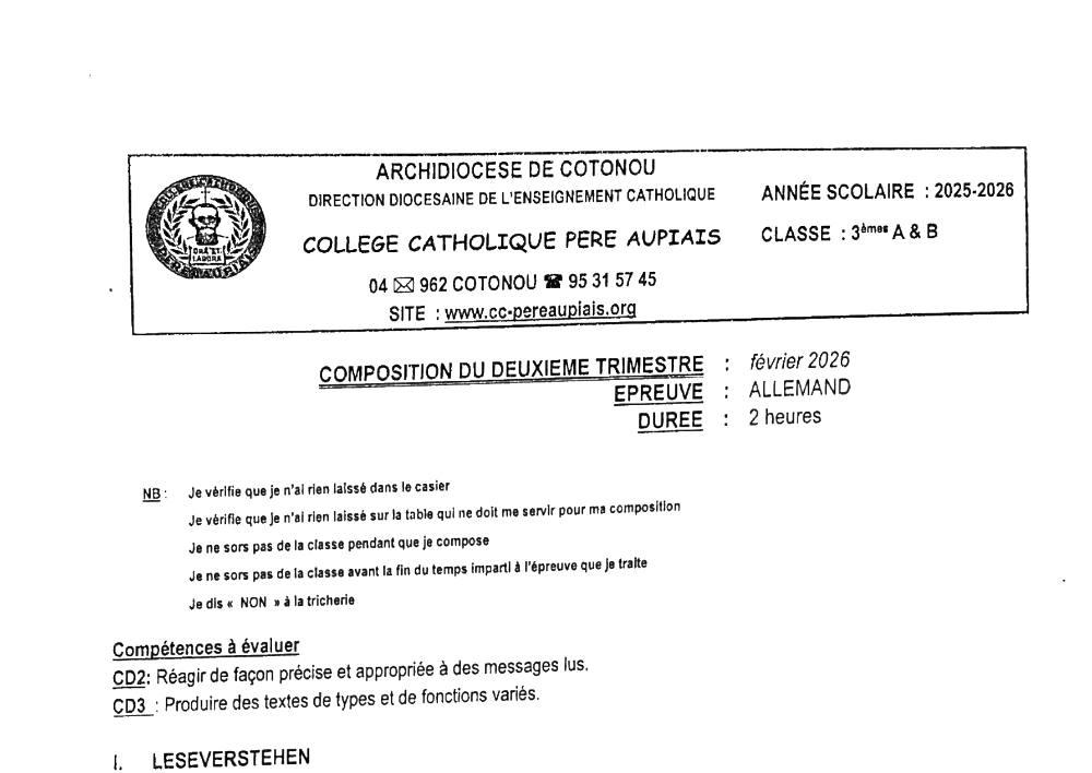 Aperçu de la première page — 3ème Allemand Composition 2ème Trimestre Collège Catholique Père Aupiais Février 2026