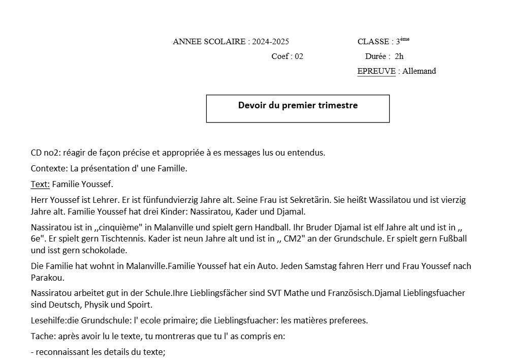 Aperçu de la première page — 3ème Allemand Devoir 1er Trimestre 2024 2025