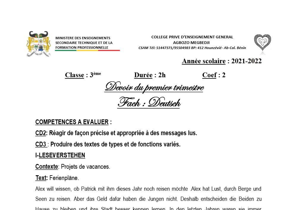 Aperçu de la première page — 3ème Allemand Devoir 1er Trimestre CPEG Agbozo Megbedji 2021 2022