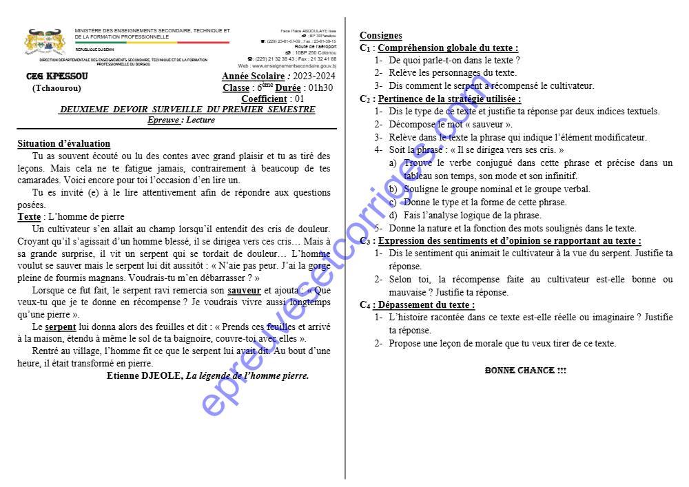 Aperçu de la première page — LECTURE 6EME 2EME DEVOIR DU 1ER SEMESTRE 2023 2024 CEG KPESSOU TCHAOUROU