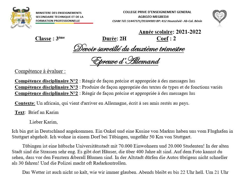 Aperçu de la première page — 3ème Allemand Devoir 2ème Trimestre CPEG Agbozo Megbedji 2021 2022