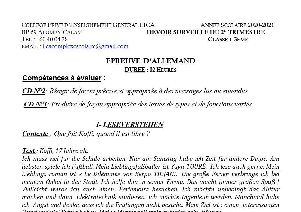 Aperçu de la première page — 3ème Allemand Devoir 2ème Trimestre CPEG Lica 2020 2021
