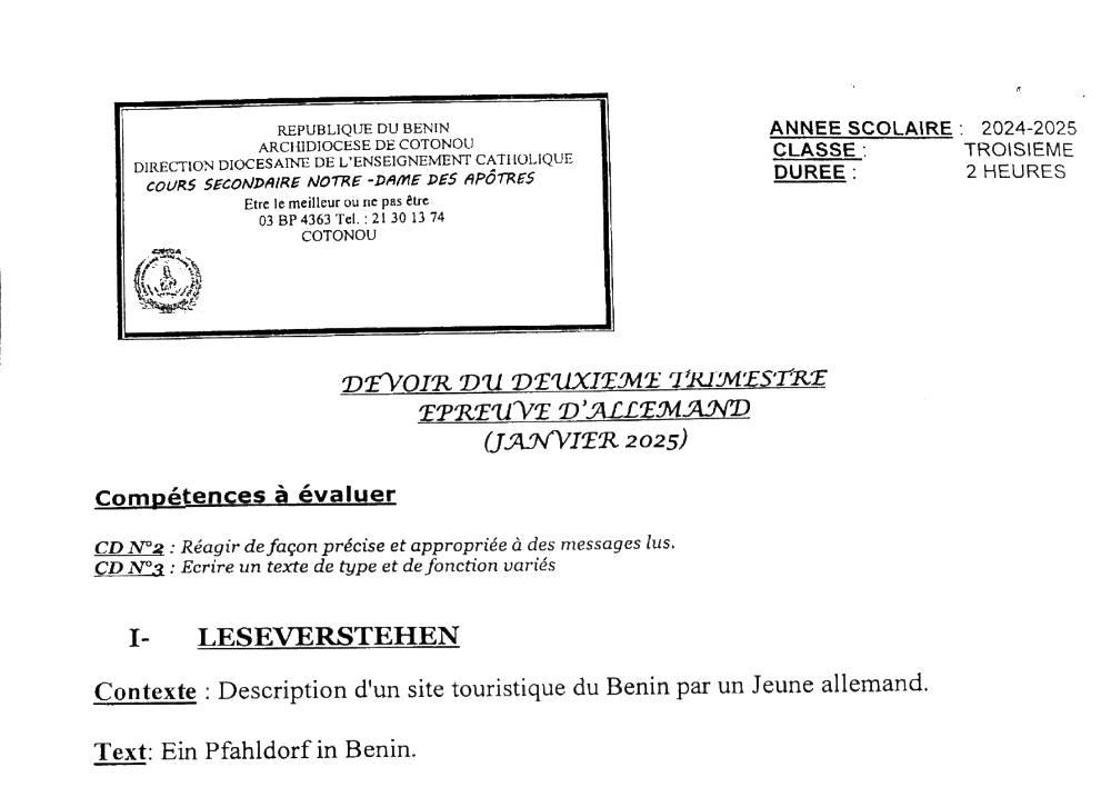 Aperçu de la première page — 3ème Allemand Devoir 2ème Trimestre CS Notre‑Dame des Apôtres Janvier 2025