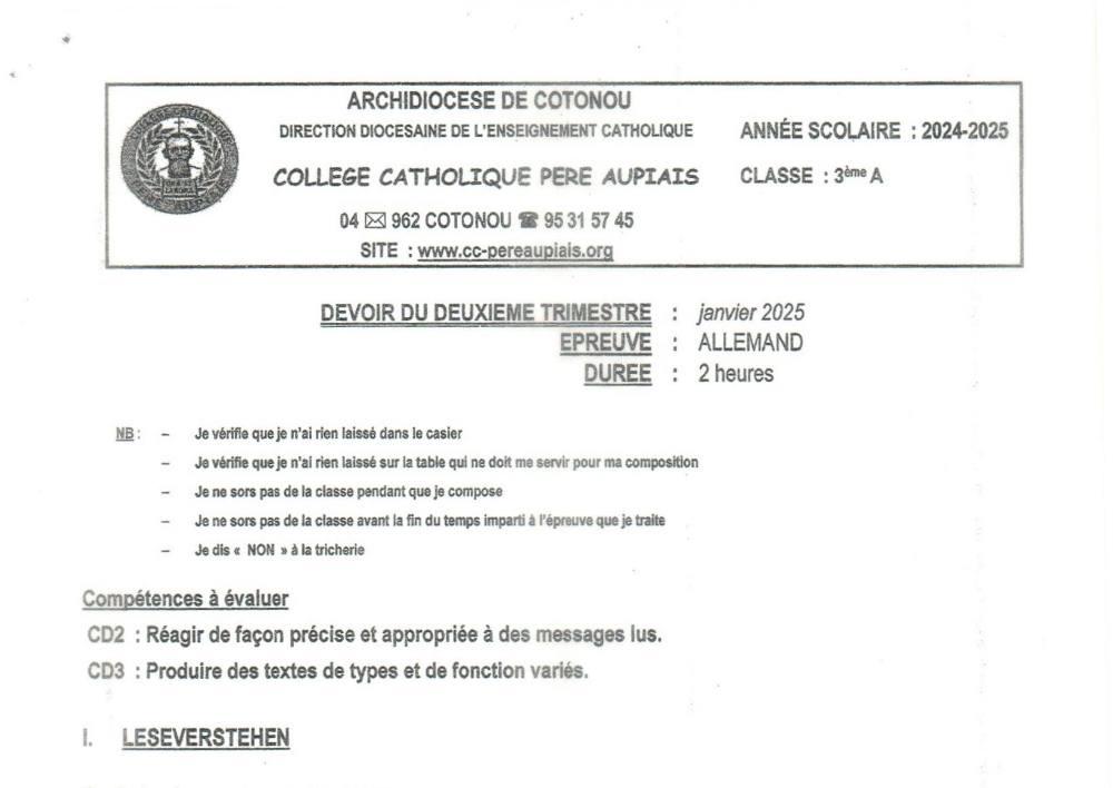 Aperçu de la première page — 3ème Allemand Devoir 2ème Trimestre Preuve du Collège Père Aupiais 2024 2025