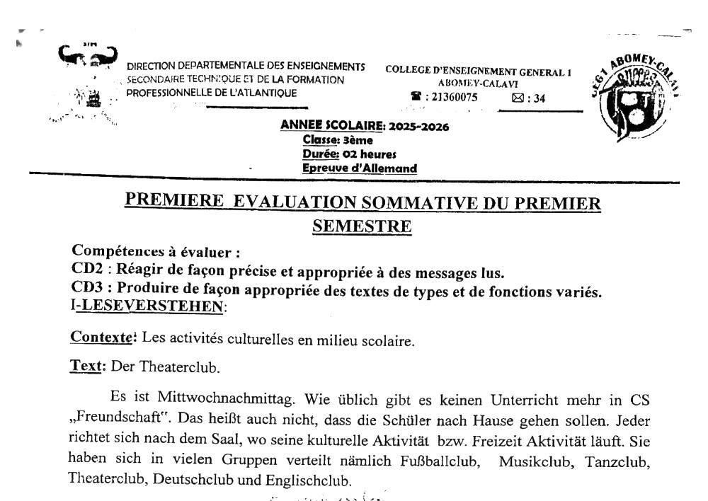 Aperçu de la première page — 3ème Allemand Évaluation 1er Semestre CEG 1 Abomey Calavi 2025 2026