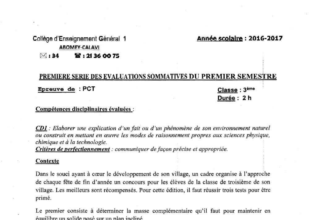 Aperçu de la première page — 3ème PCT 1er Devoir 1er Semestre Abomey Calavi 2016 2017