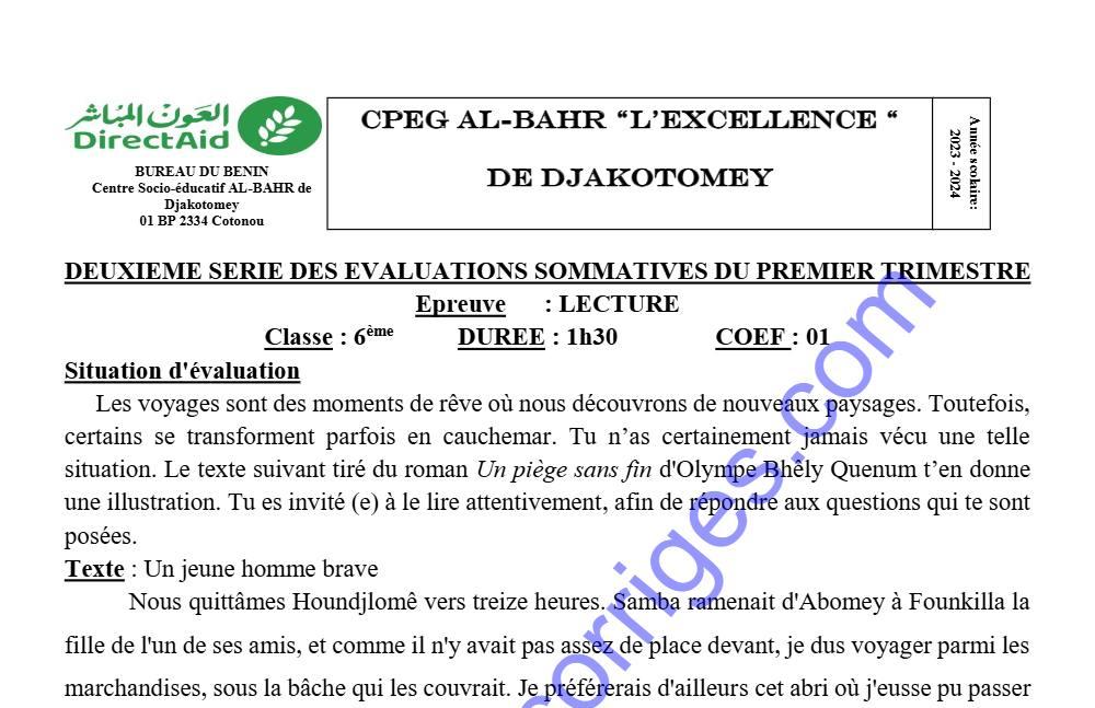 Aperçu de la première page — LECTURE 6EME 2EME DEVOIR DU 1ER TRIMESTRE 2023 2024 CPEG AL BAHR L'EXCELLENCE