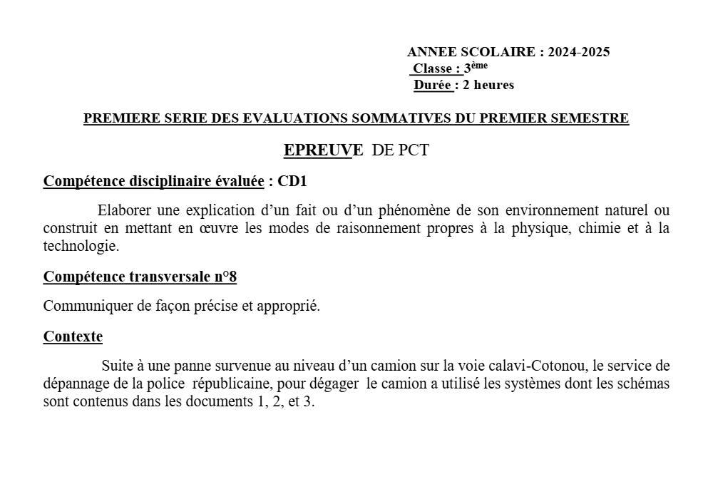 Aperçu de la première page — 3ème PCT 1er Devoir 1er Semestre Annee Scolaire CEG Novembre 2024