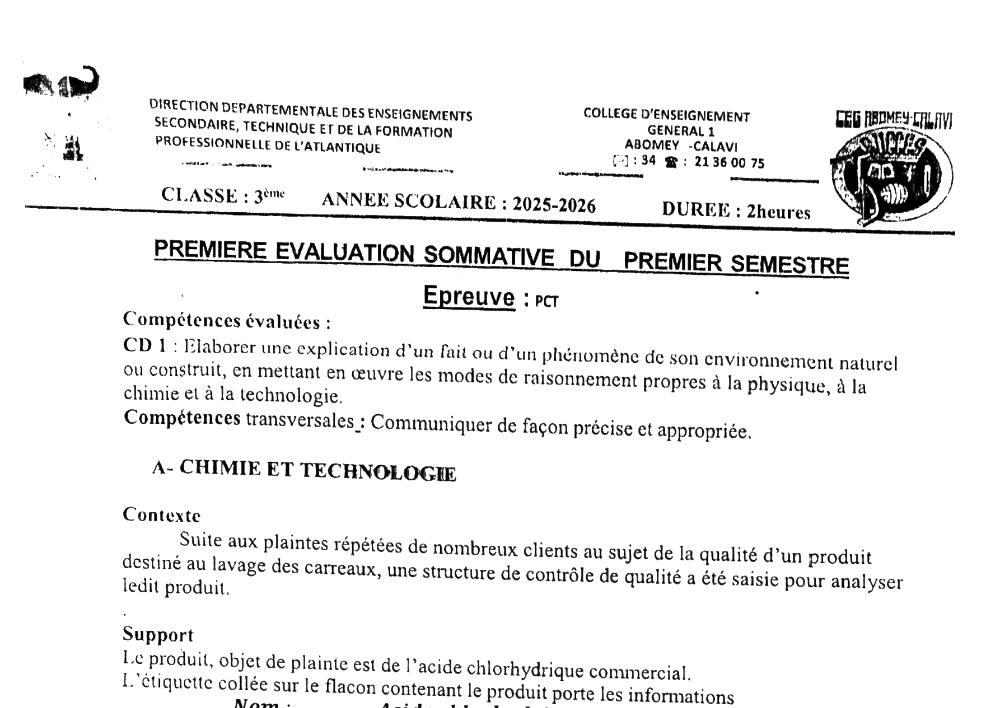 Aperçu de la première page — 3ème PCT 1er Devoir 1er Semestre CEG 1 Abomey Calavi 2025