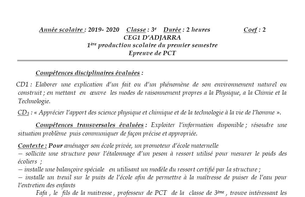 Aperçu de la première page — 3ème PCT 1er Devoir 1er Semestre CEG1 Adjarra 2019 2020