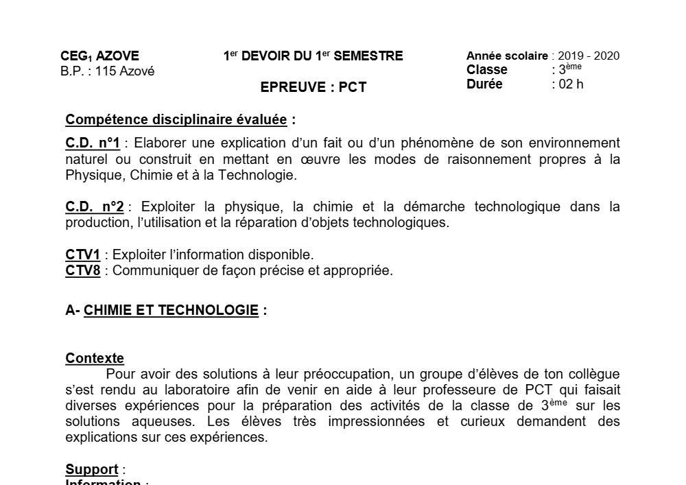 Aperçu de la première page — 3ème PCT 1er Devoir 1er Semestre CEG1 Azové 2019 2020