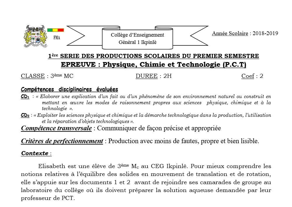 Aperçu de la première page — 3ème PCT 1er Devoir 1er Semestre CEG1 Ikpinlè 2018 2019