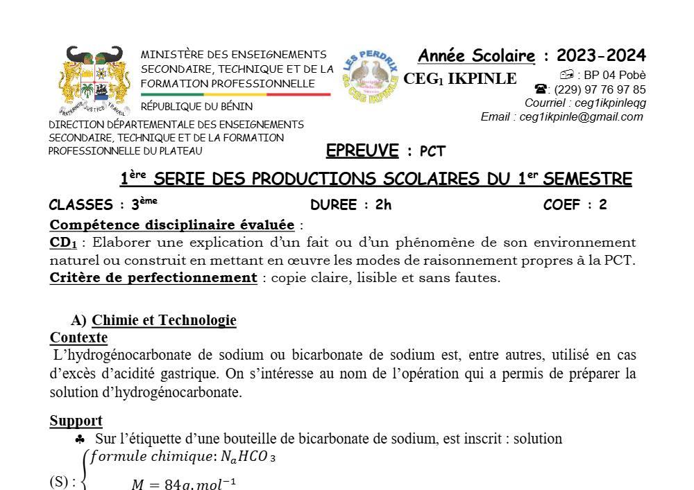 Aperçu de la première page — 3ème PCT 1er Devoir 1er Semestre CEG1 Ikpinlè 2023 2024