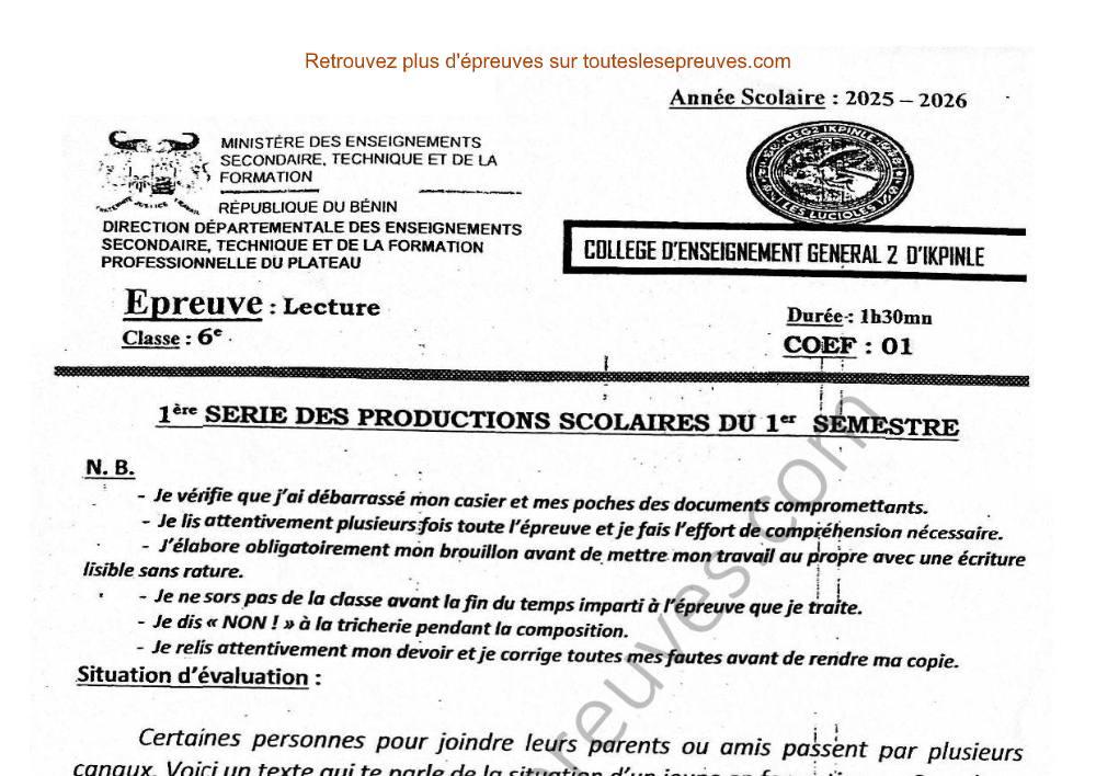 Aperçu de la première page — Lecture 6ème – 1er Devoir du 1er Semestre 2025 2026 – Lettre de Formation au Canada – CEG 2 Ikpinlè