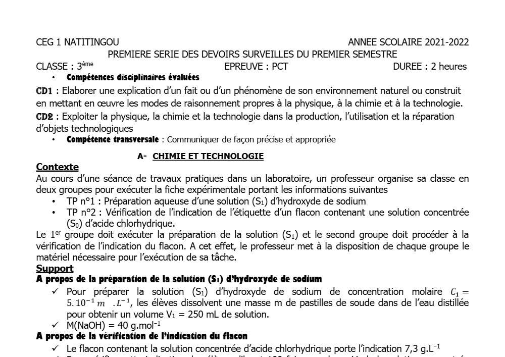 Aperçu de la première page — 3ème PCT 1er Devoir 1er Semestre CEG1 Natitingou 2021 2022