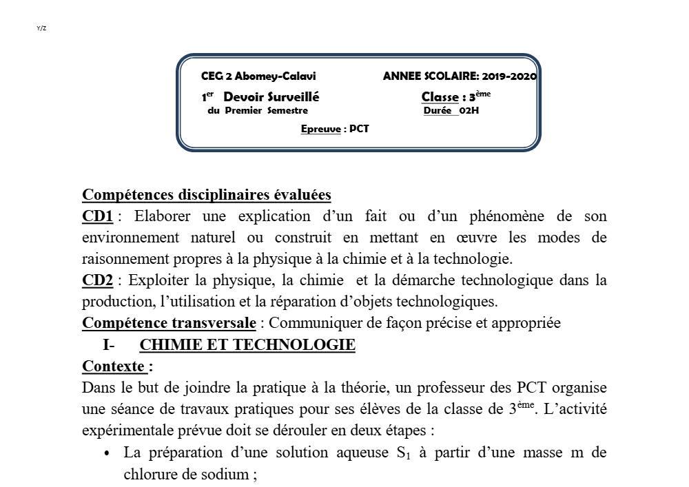 Aperçu de la première page — 3ème PCT 1er Devoir 1er Semestre CEG2 Abomey Calavi 2019 2020