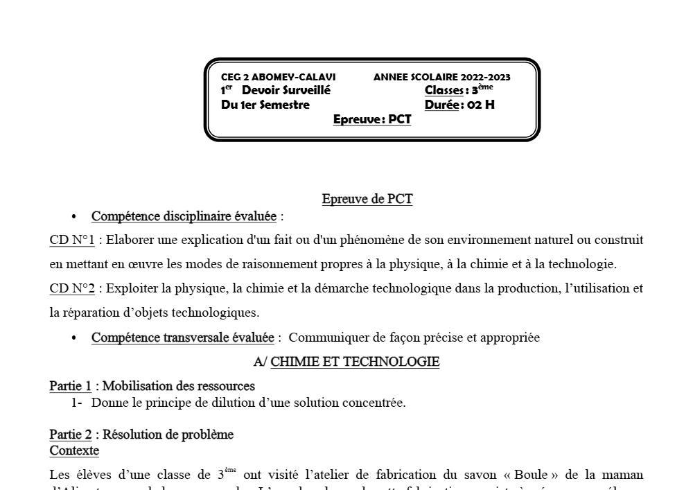 Aperçu de la première page — 3ème PCT 1er Devoir 1er Semestre CEG2 Abomey Calavi 2022 2023