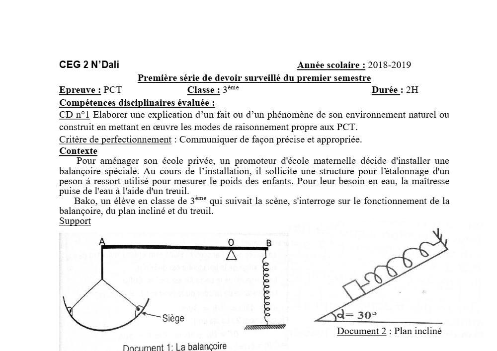 Aperçu de la première page — 3ème PCT 1er Devoir 1er Semestre CEG2 N'Dali 2018 2019