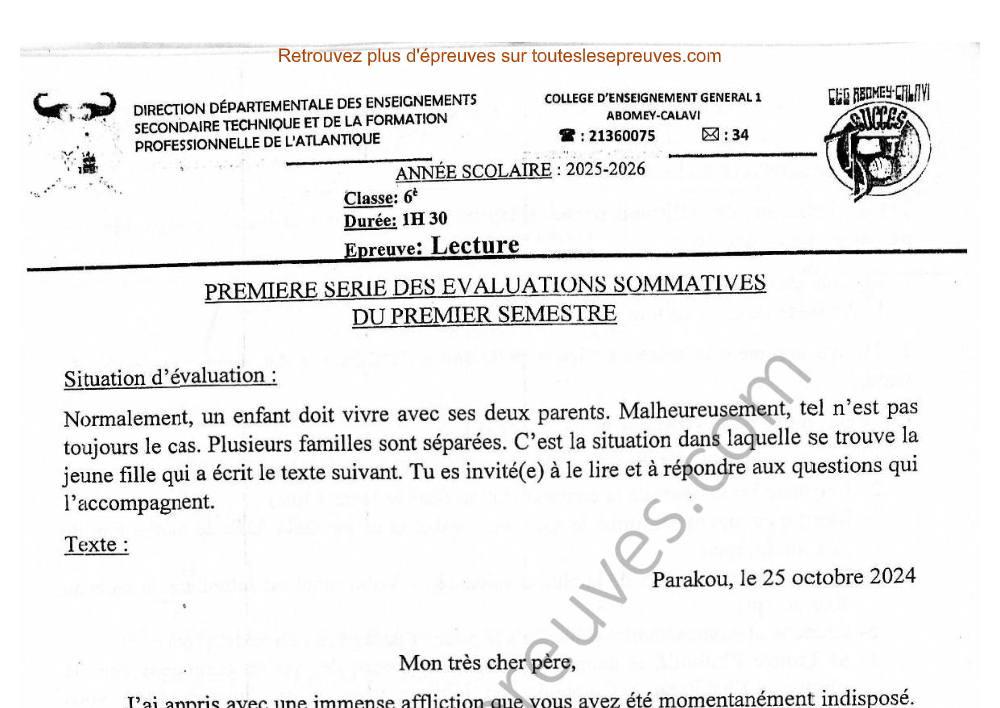 Aperçu de la première page — Lecture 6ème – 1er Devoir du 1er Semestre 2025 2026 – Lettre familiale et respect des parents – CEG 1 Abomey Calavi