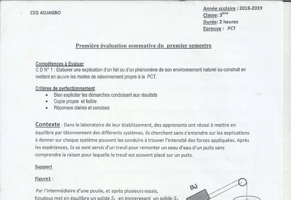 Aperçu de la première page — 3ème PCT 1er Devoir 1er Semestre CEG Adjagbo 2018 2019