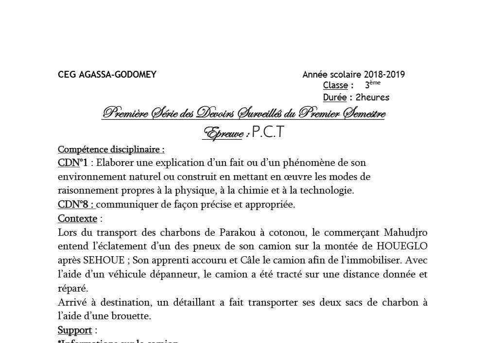 Aperçu de la première page — 3ème PCT 1er Devoir 1er Semestre CEG Agassa Godomey 2018 2019