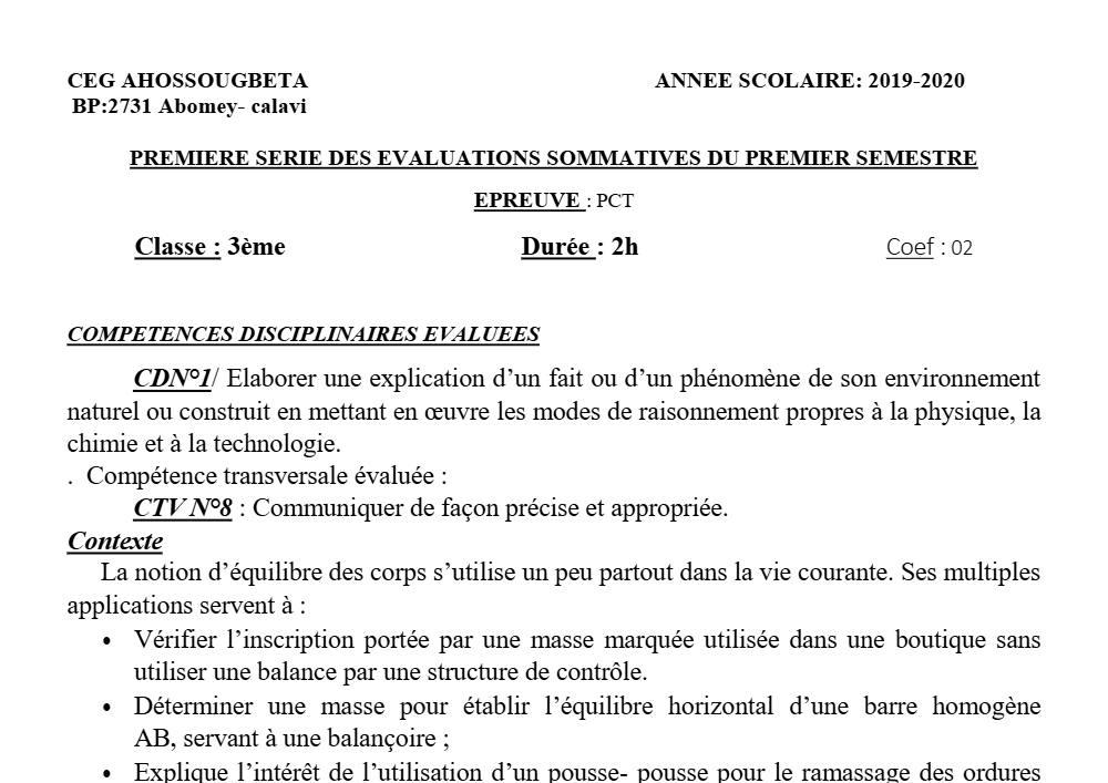 Aperçu de la première page — 3ème PCT 1er Devoir 1er Semestre CEG Ahossougbéta 2019 2020