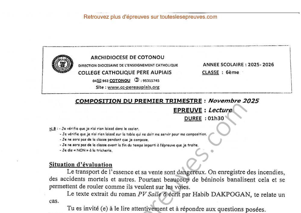 Aperçu de la première page — Lecture 6ème – Composition du 1er trimestre 2025 2026 – Accident de la route et dangers de l’essence – Collège Catholique Père Aupiais