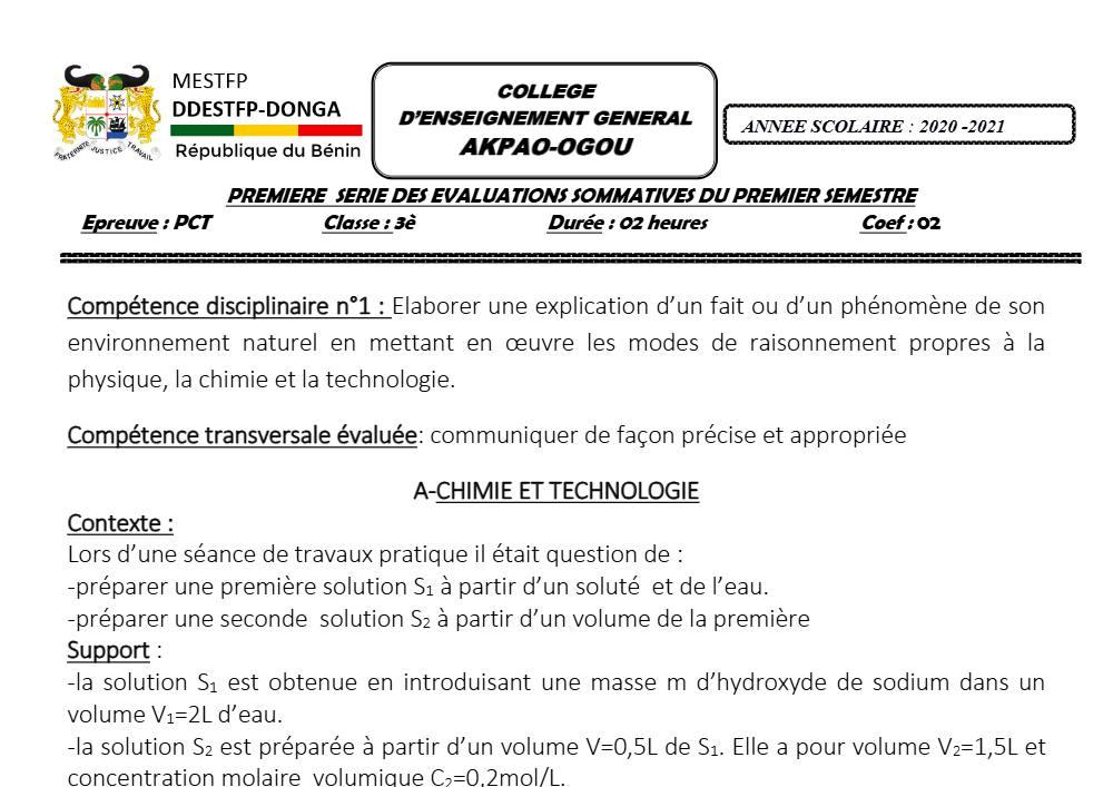 Aperçu de la première page — 3ème PCT 1er Devoir 1er Semestre CEG Akpao Ogou 2020 2021