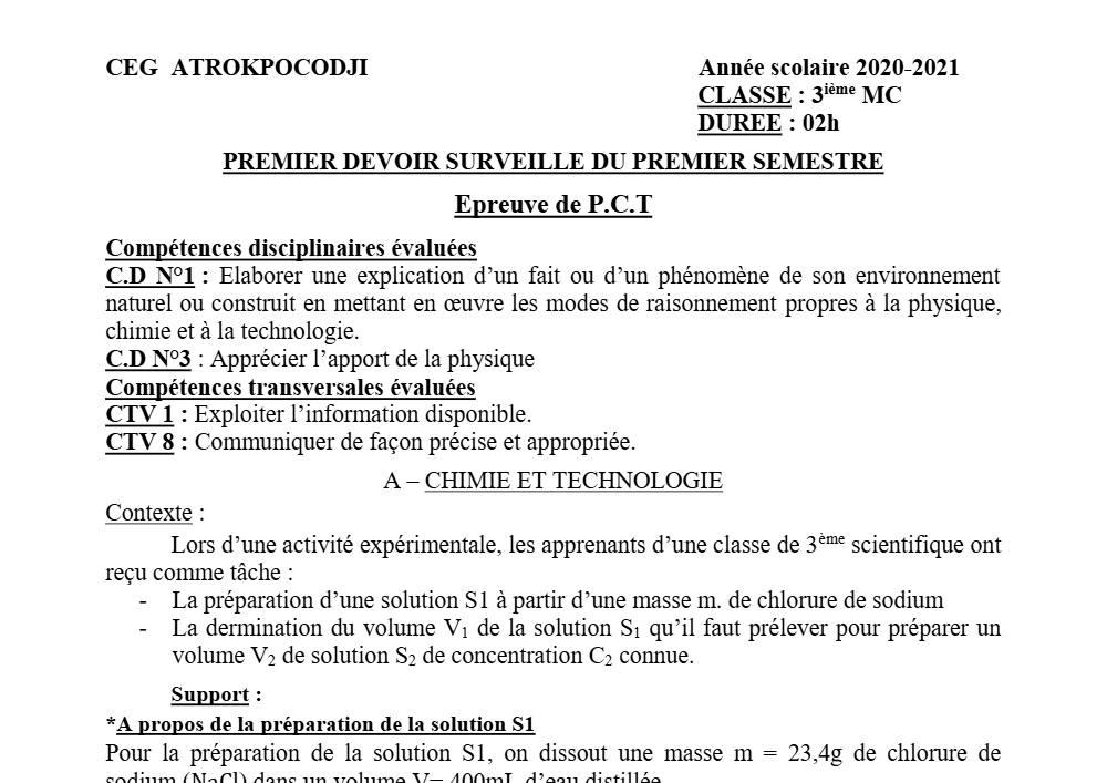 Aperçu de la première page — 3ème PCT 1er Devoir 1er Semestre CEG Atrokpocodji 2020 2021