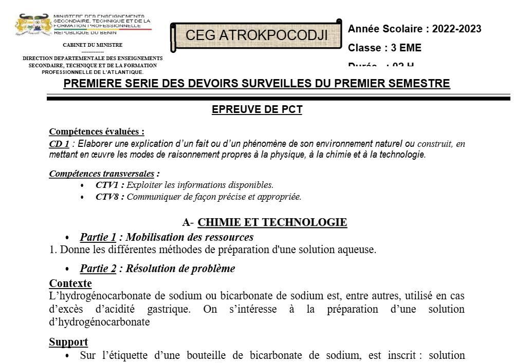 Aperçu de la première page — 3ème PCT 1er Devoir 1er Semestre CEG Atrokpocodji 2022 2023