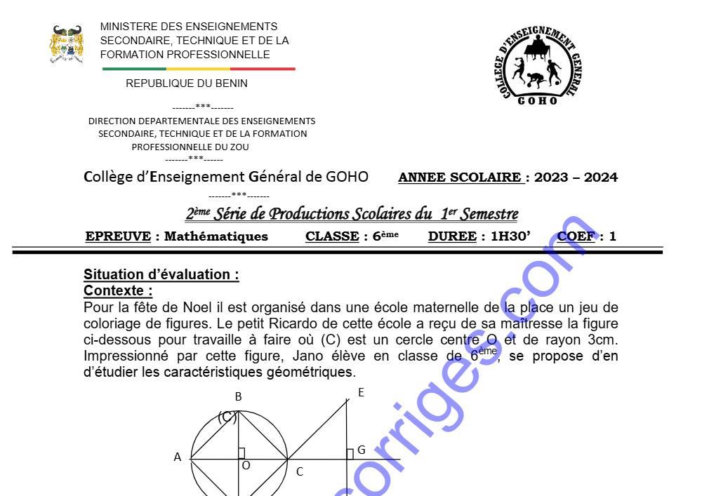 Aperçu de la première page — MATHEMATIQUES 6EME 2EME DEVOIR DU 1ER SEMESTRE 2023 2024 CEG GOHO ABOMEY
