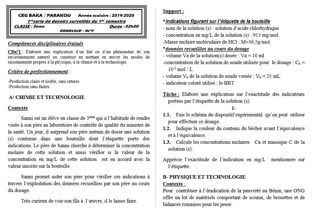 Aperçu de la première page — 3ème PCT 1er Devoir 1er Semestre CEG Baka 2019 2020