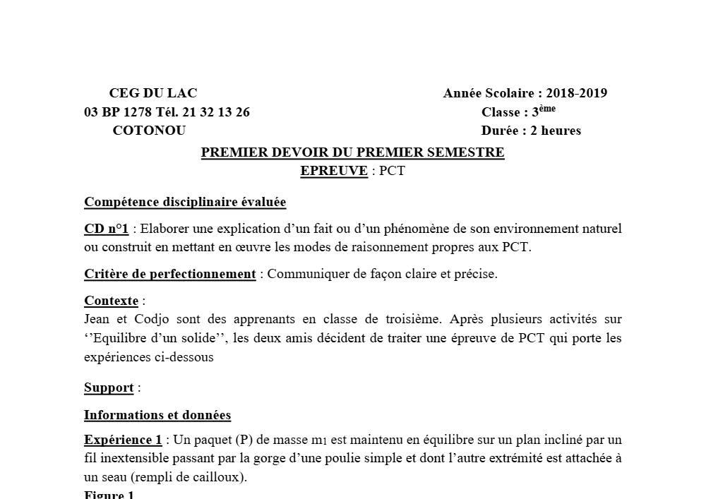 Aperçu de la première page — 3ème PCT 1er Devoir 1er Semestre CEG du Lac 2018 2019