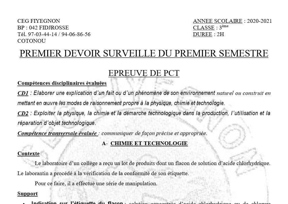 Aperçu de la première page — 3ème PCT 1er Devoir 1er Semestre CEG Fiyegnon 2020 2021