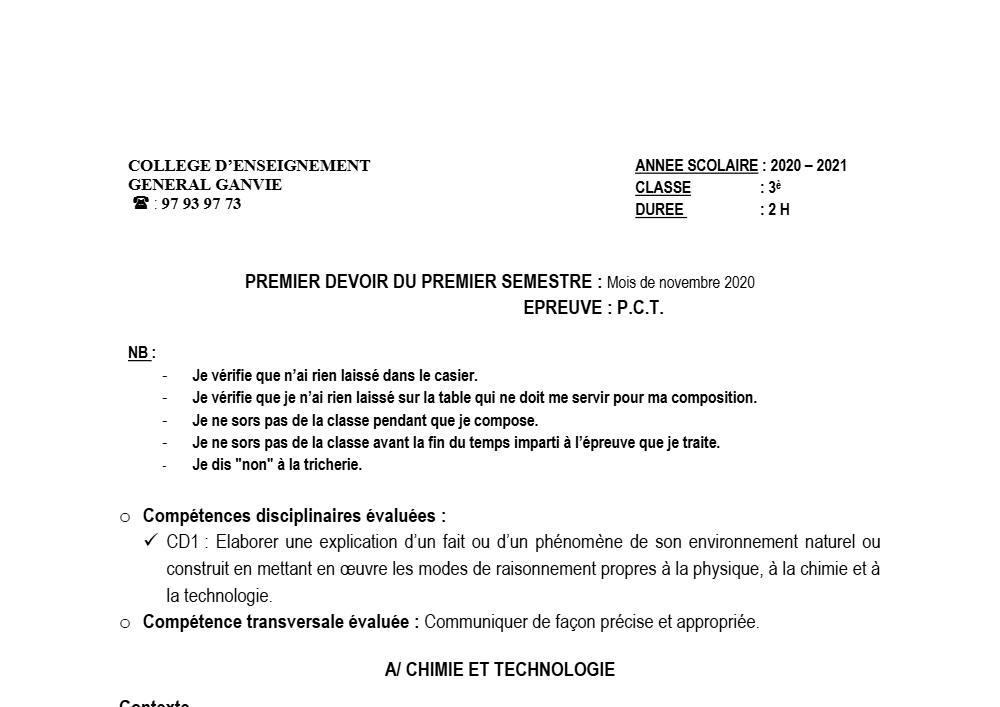 Aperçu de la première page — 3ème PCT 1er Devoir 1er Semestre CEG Ganvie 2020 2021