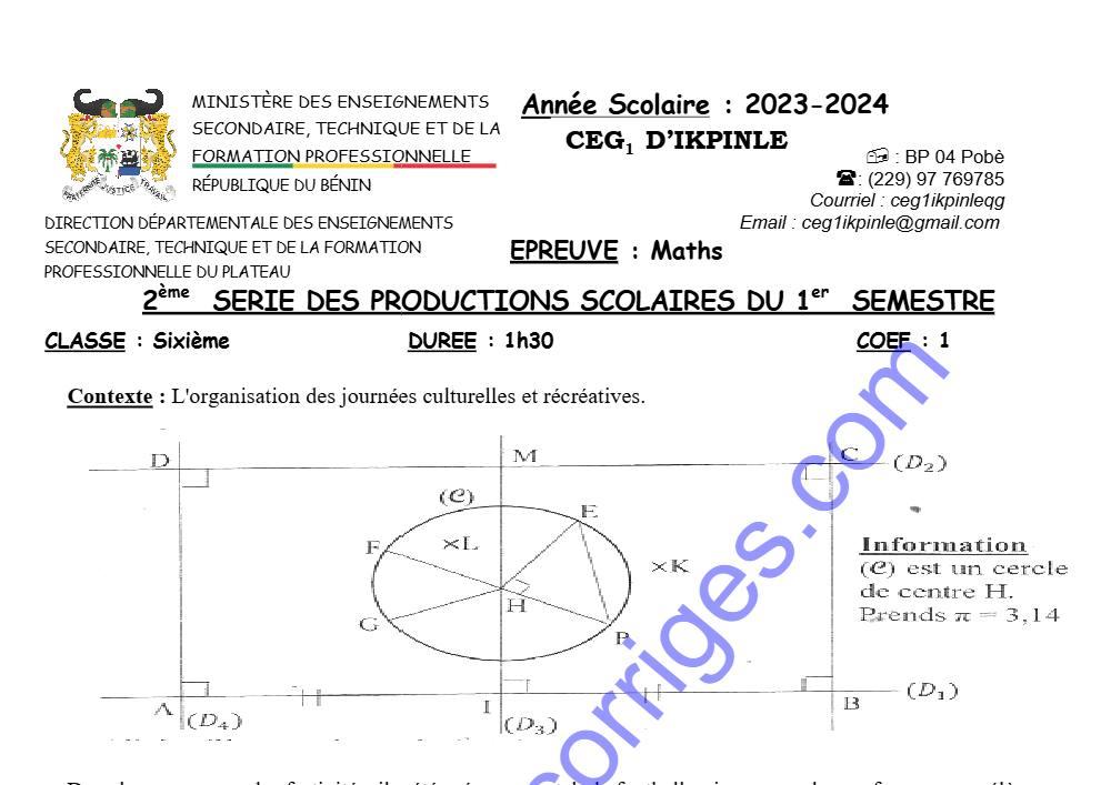 Aperçu de la première page — MATHS 6EME 2EME DEVOIR DU 1ER SEMESTRE 2023 2024 CEG1 IKPINLE