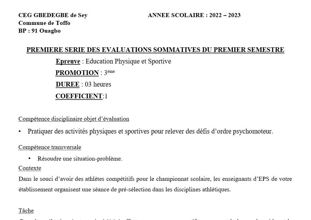 Aperçu de la première page — 3ème PCT 1er Devoir 1er Semestre CEG Gbèdégbé de Sey 2022 2023