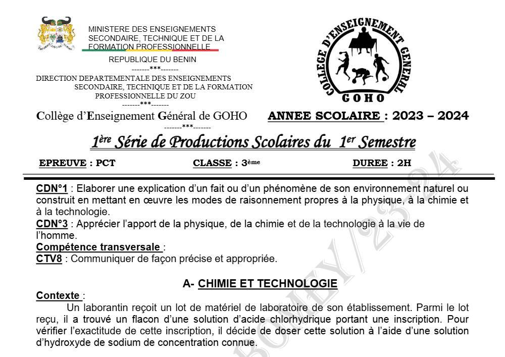 Aperçu de la première page — 3ème PCT 1er Devoir 1er Semestre CEG Goho Abomey 2023 2024