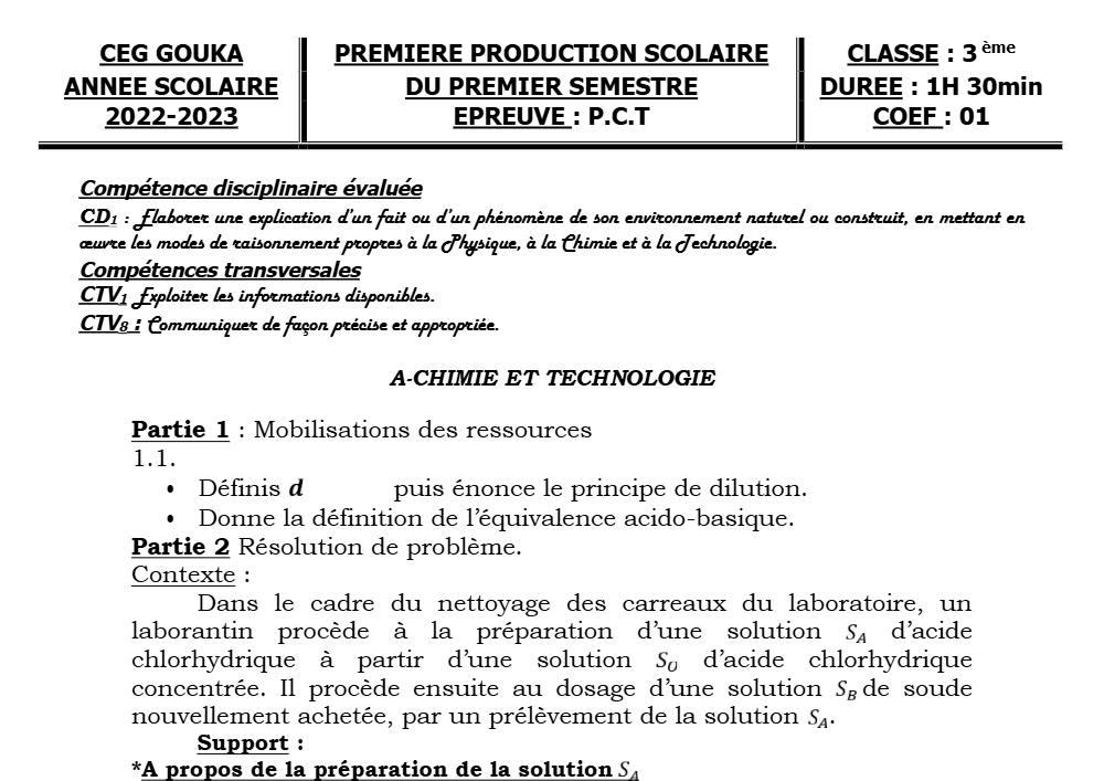 Aperçu de la première page — 3ème PCT 1er Devoir 1er Semestre CEG Gouka 2022 2023 (3)
